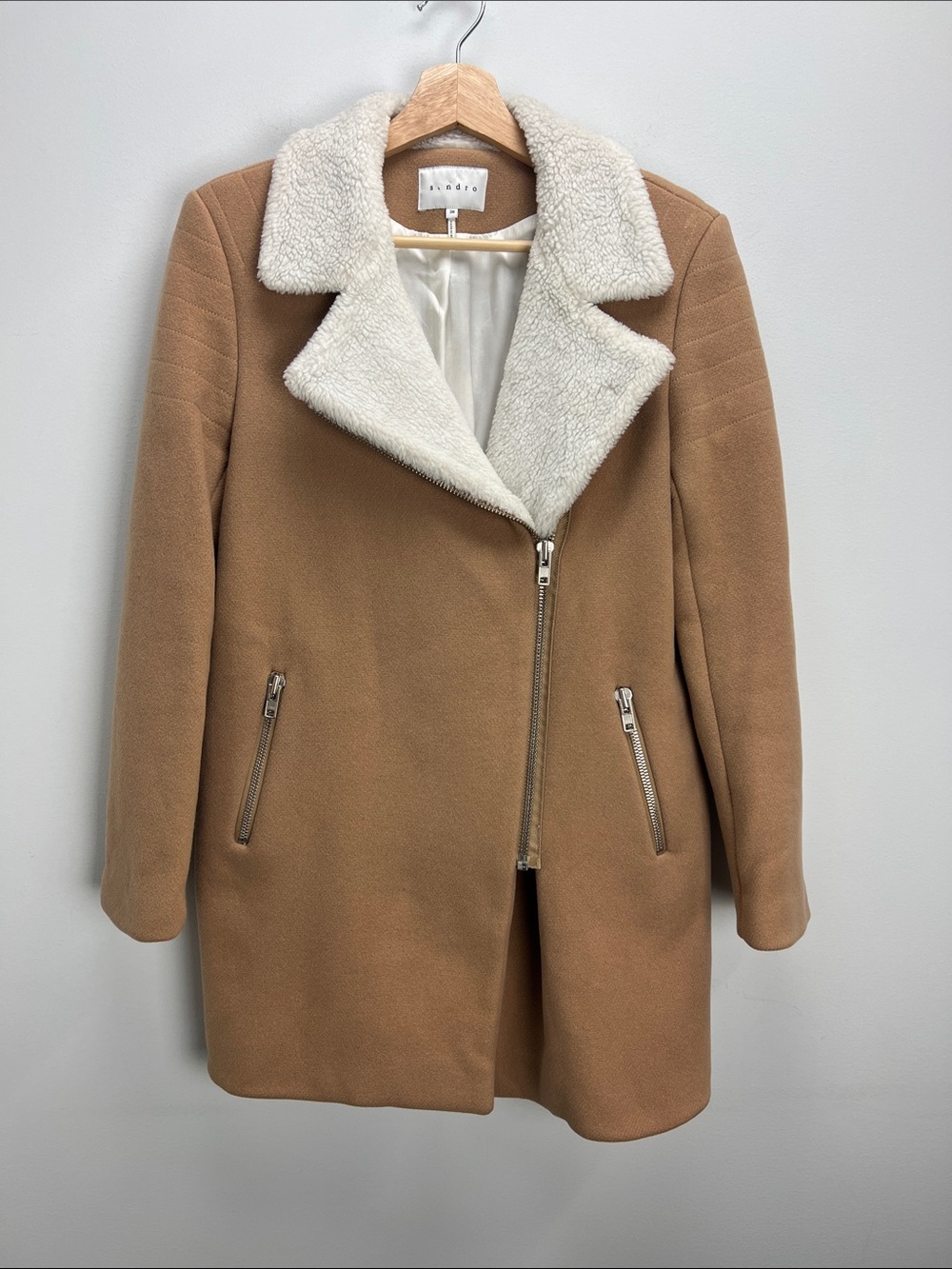 Sandro Wool Coat Camel Tan White Sherpa Collar Asymmetrical Zipper Womens 38